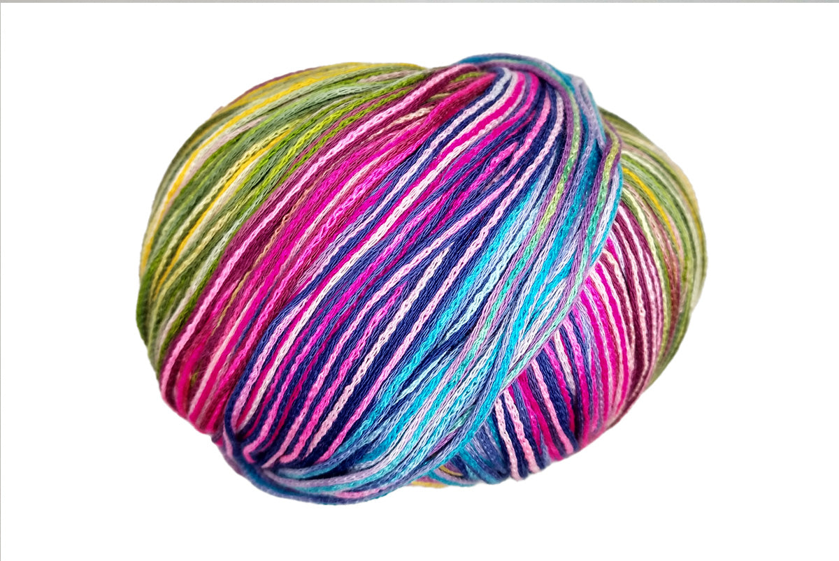 A photo of a pink, green, and blue Cairns yarn