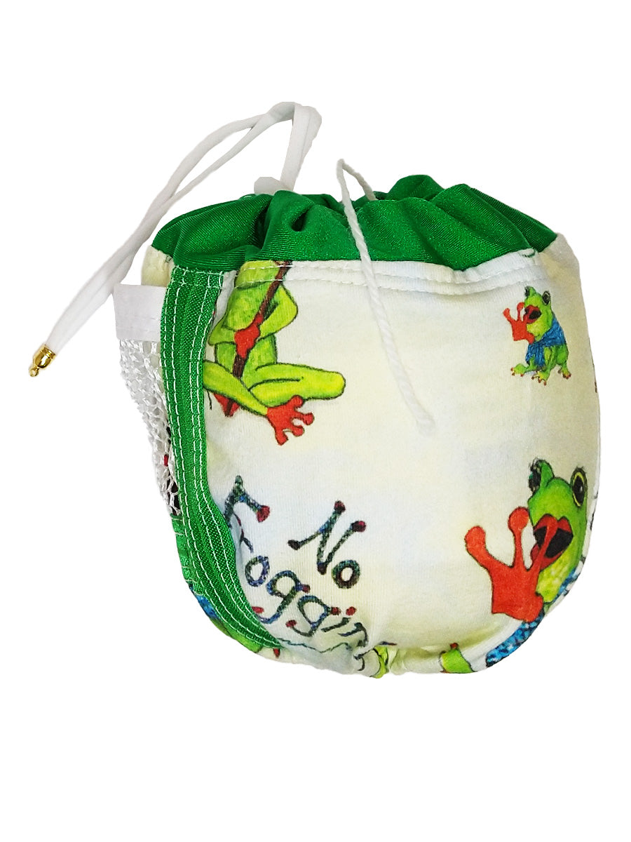 arge Krazy Yarn Kozy, green with cartoon frogs and the text "no frogging"