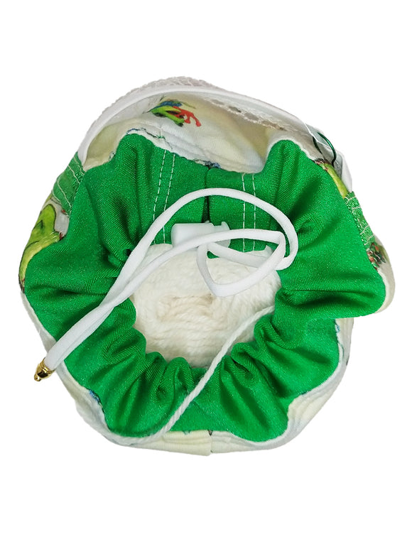 arge Krazy Yarn Kozy, green with cartoon frogs and the text "no frogging", top view