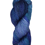 A colorful skein of blue Malabrigo Rios yarn