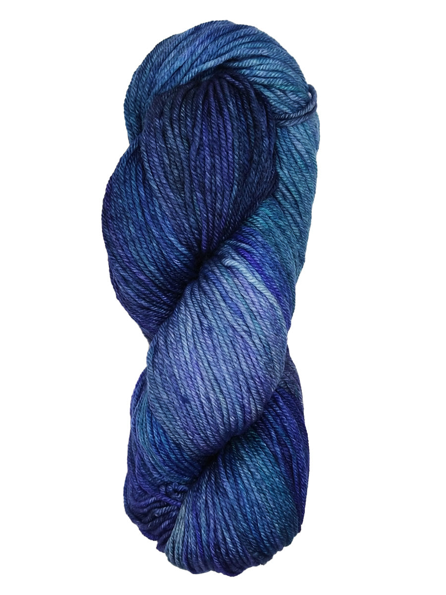 A colorful skein of blue Malabrigo Rios yarn