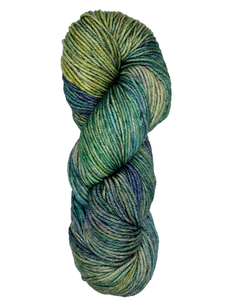 A colorful skein of teal, blue, and yellow Malabrigo Rios yarn
