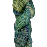 A colorful skein of teal, blue, and yellow Malabrigo Rios yarn