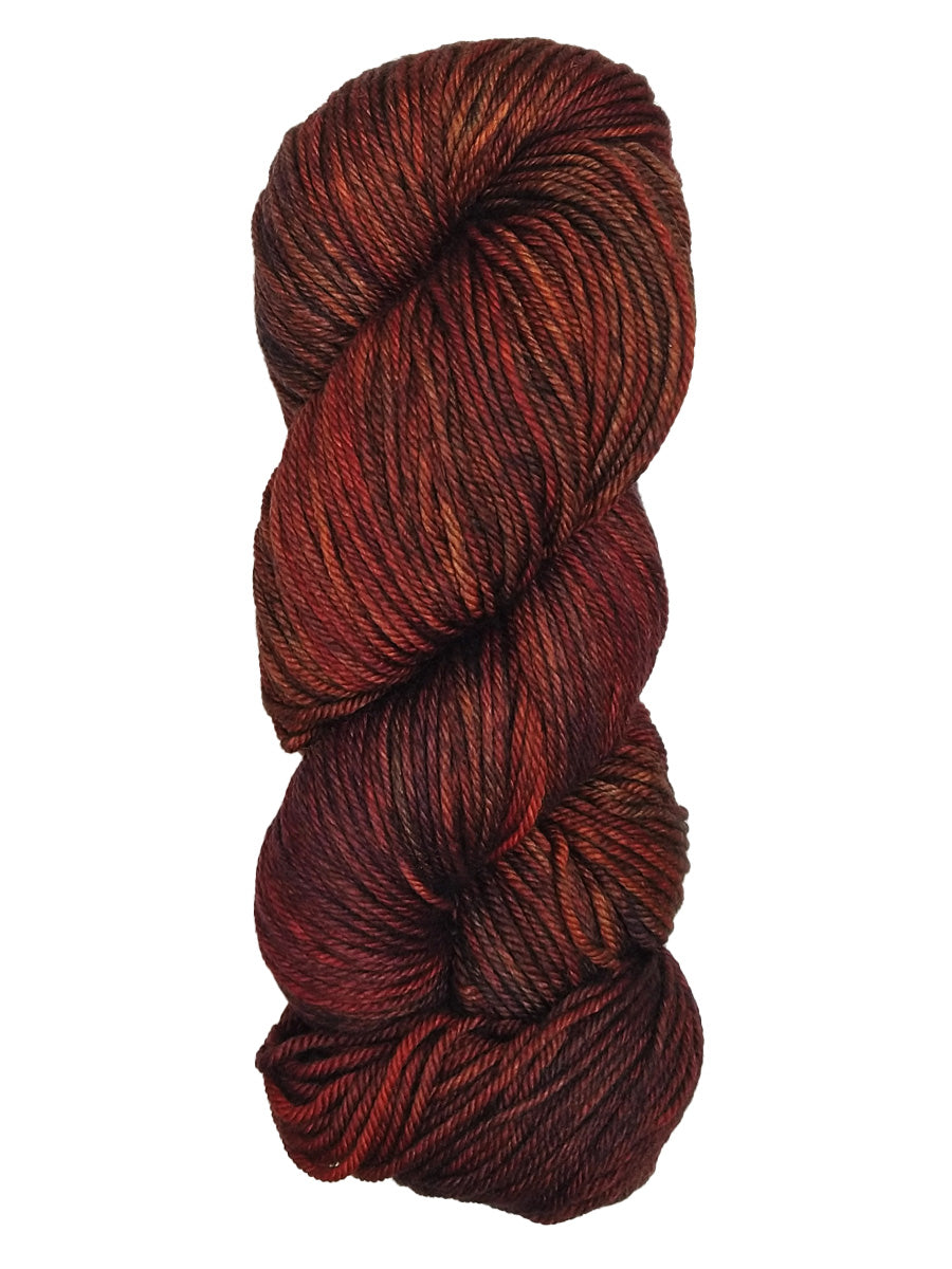 A colorful skein of dark reds and orange Malabrigo Rios yarn