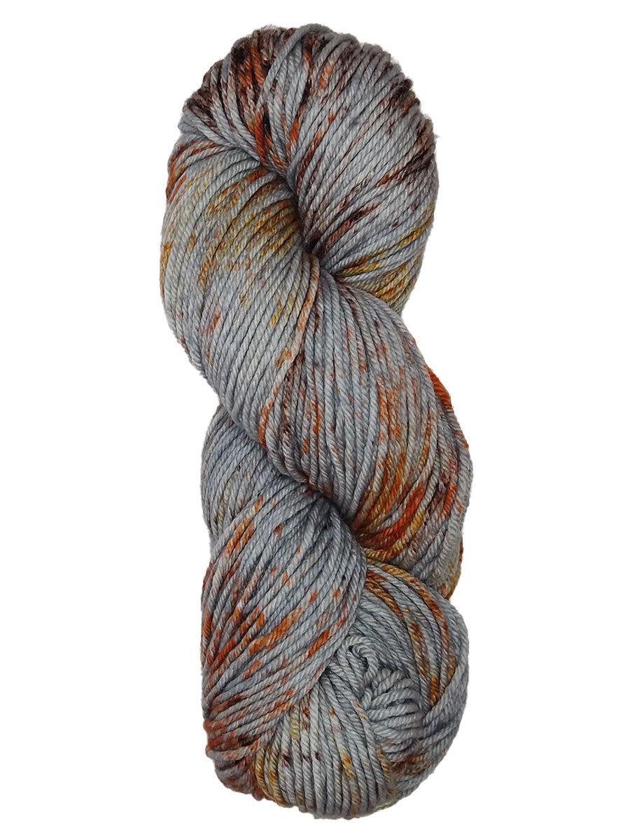 A colorful skein of orange and gray Malabrigo Rios yarn