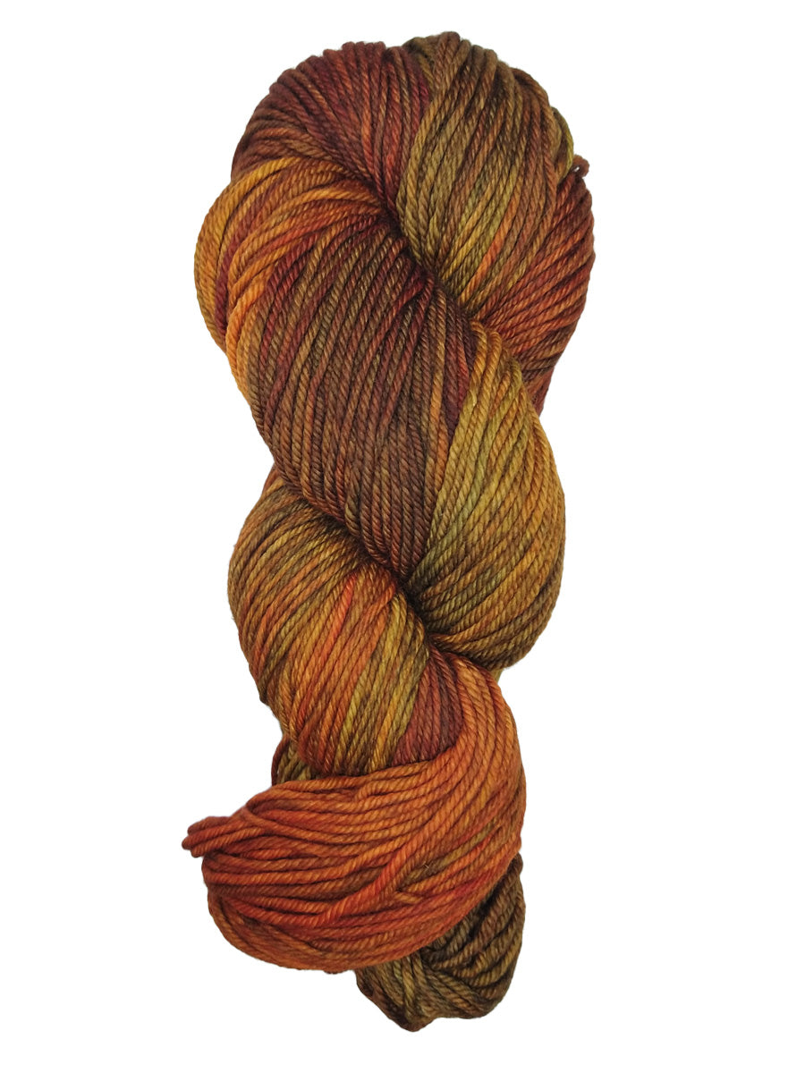 A colorful skein of oranges, yellows, and browns Malabrigo Rios yarn