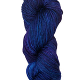 A colorful skein of blue and purple Malabrigo Rios yarn