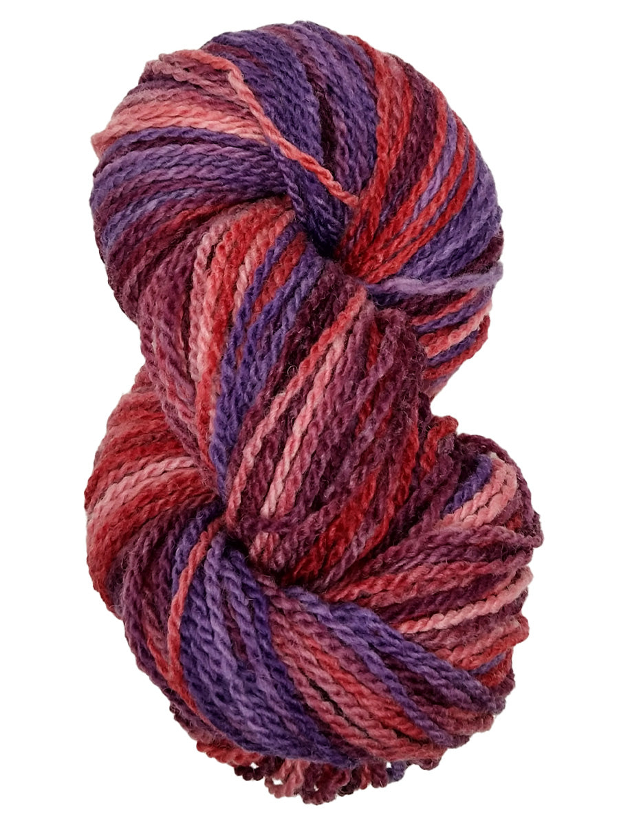 A photo of a hank of purple, pink and maroon yarn