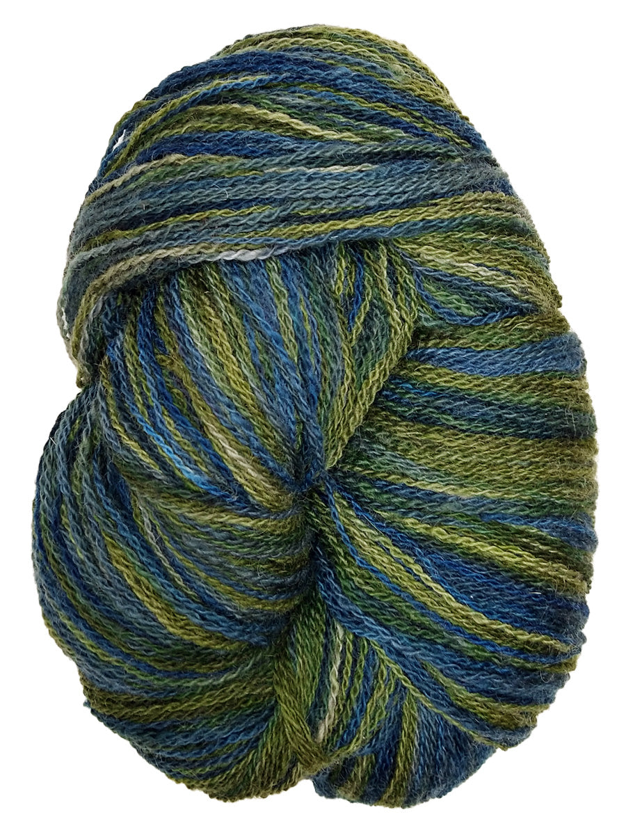 A photo of a blue and green hank of hand-spun yarn