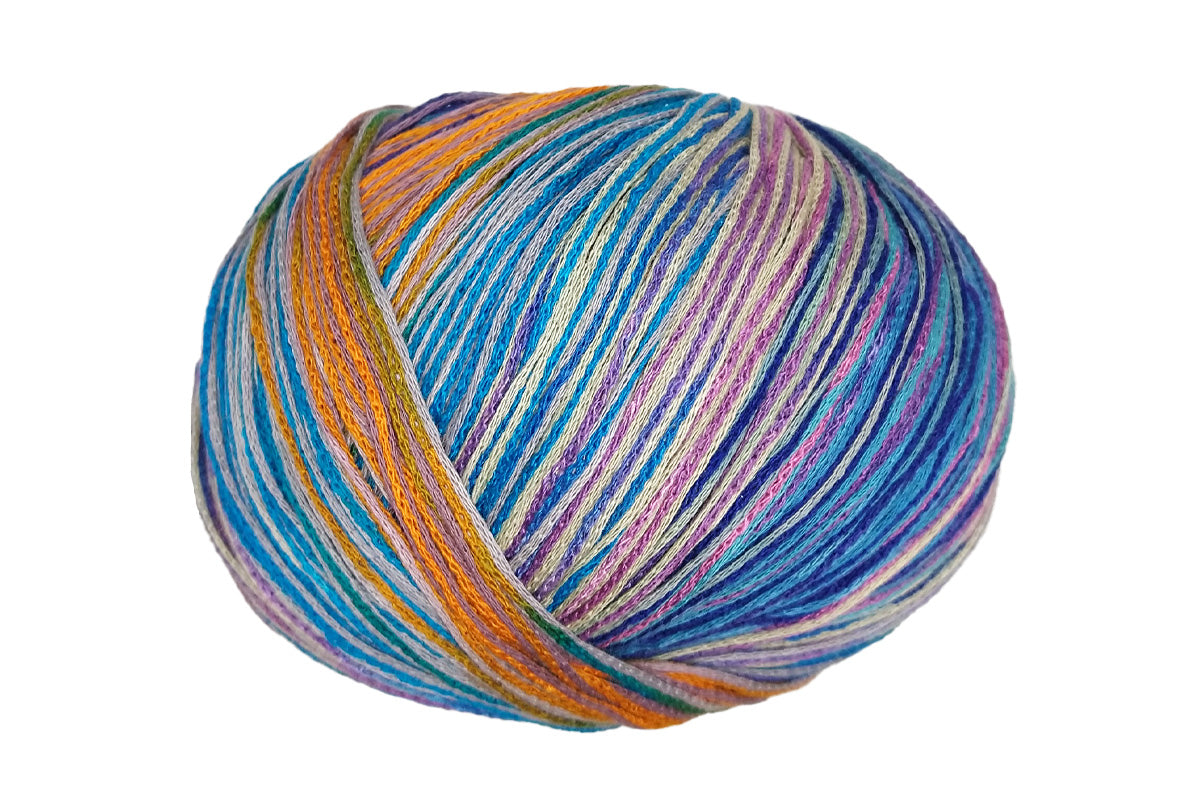 A photo of a pink, blue, and orange Cairns yarn