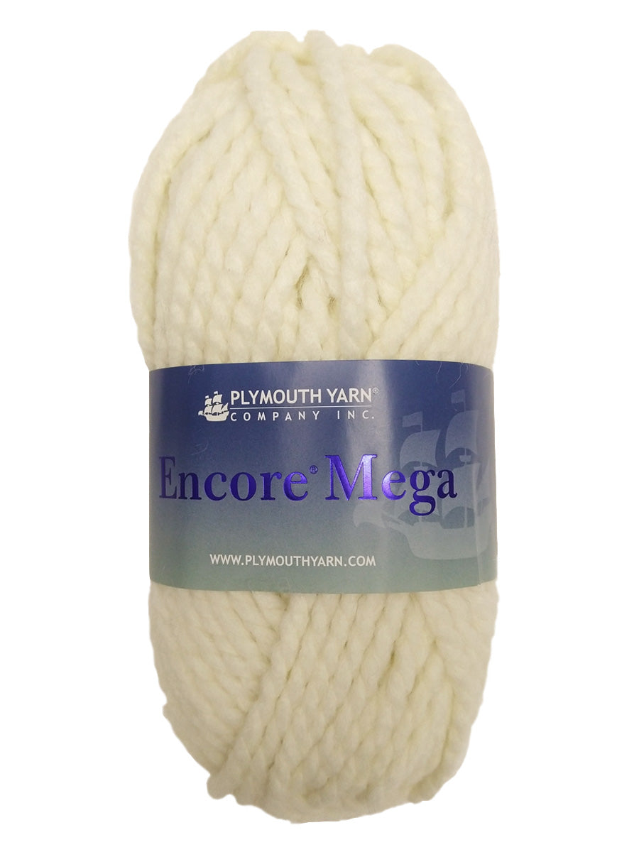 An off-white skein of Plymouth Encore Mega yarn