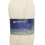 A white skein of Plymouth Encore Mega yarn
