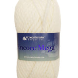 A white skein of Plymouth Encore Mega yarn