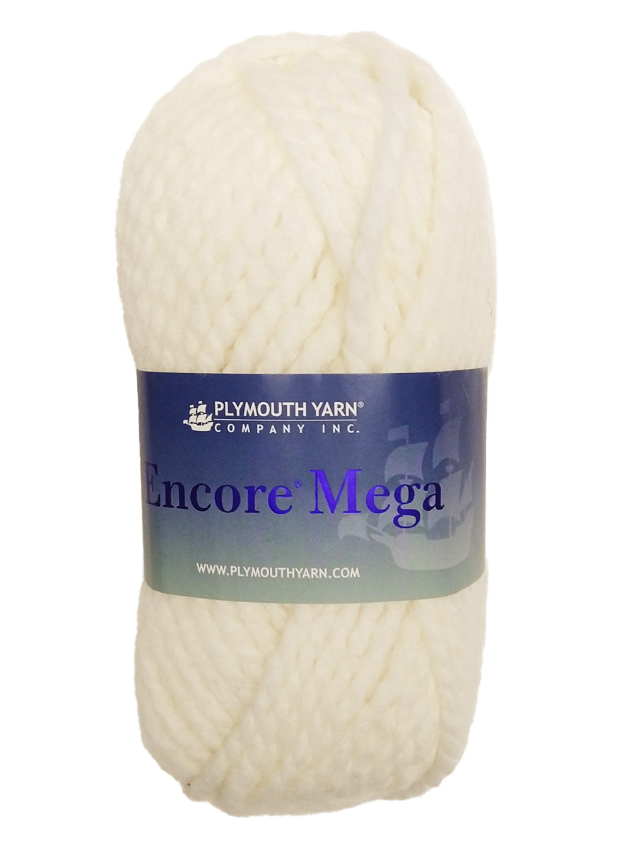 A white skein of Plymouth Encore Mega yarn