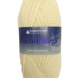 A light yellow/white skein of Plymouth Encore Mega yarn