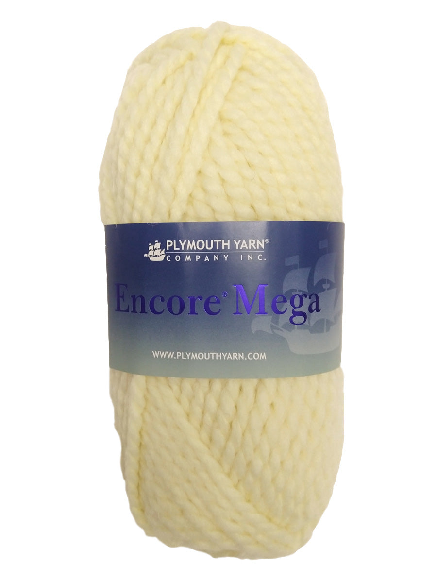 A light yellow/white skein of Plymouth Encore Mega yarn