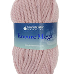 A lavender-pink skein of Plymouth Encore Mega yarn