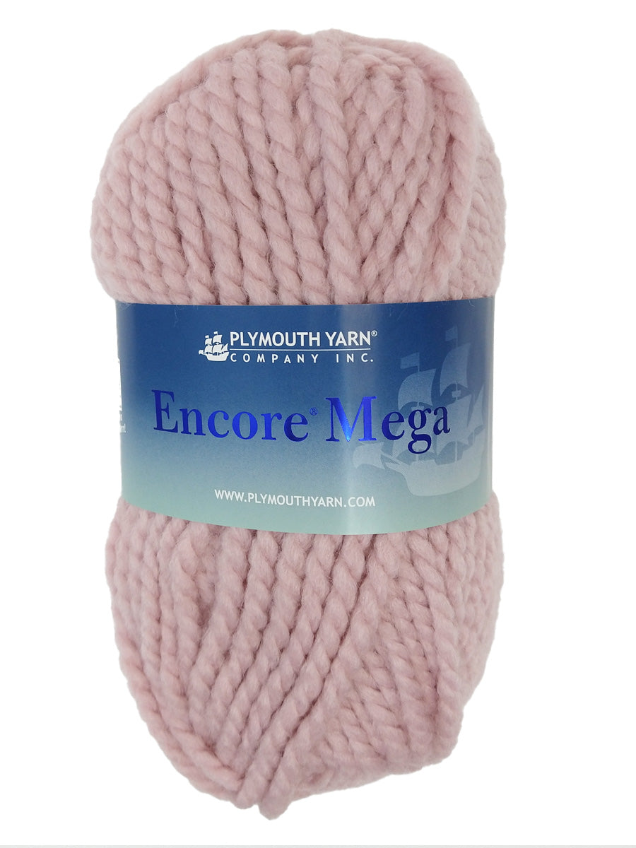 A lavender-pink skein of Plymouth Encore Mega yarn