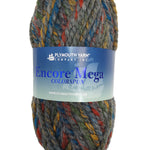 Grey Red Blue Mustard Yellow skein of Plymouth Yarn Encore Mega Colorspun yarn