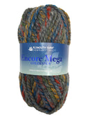 Grey Red Blue Mustard Yellow skein of Plymouth Yarn Encore Mega Colorspun yarn