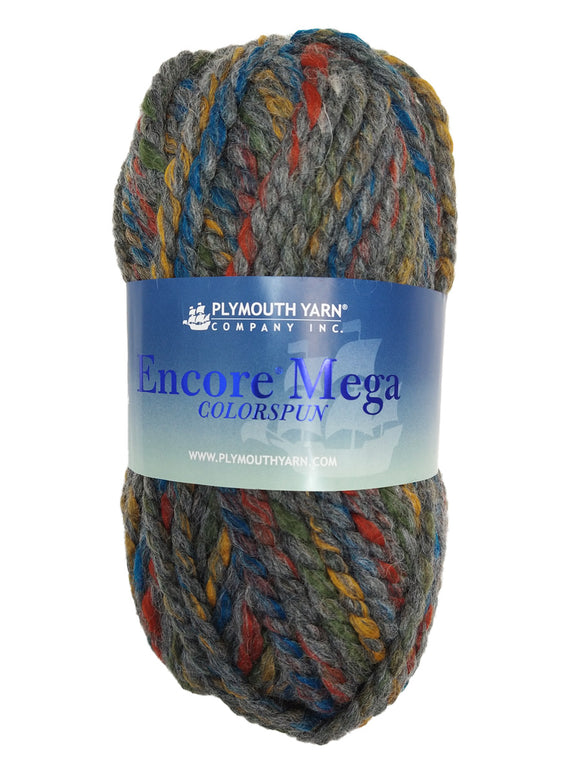 Grey Red Blue Mustard Yellow skein of Plymouth Yarn Encore Mega Colorspun yarn