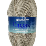 a grey mix skein of Plymouth Encore Colorspun yarn