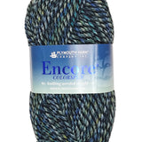 A blue, green, and black mix of Encore Colorspun yarn