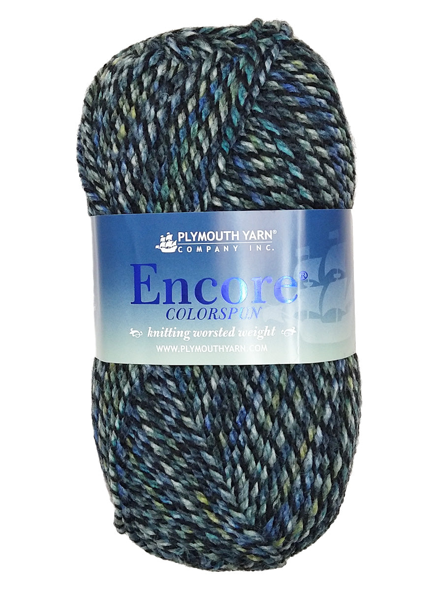 A blue, green, and black mix of Encore Colorspun yarn