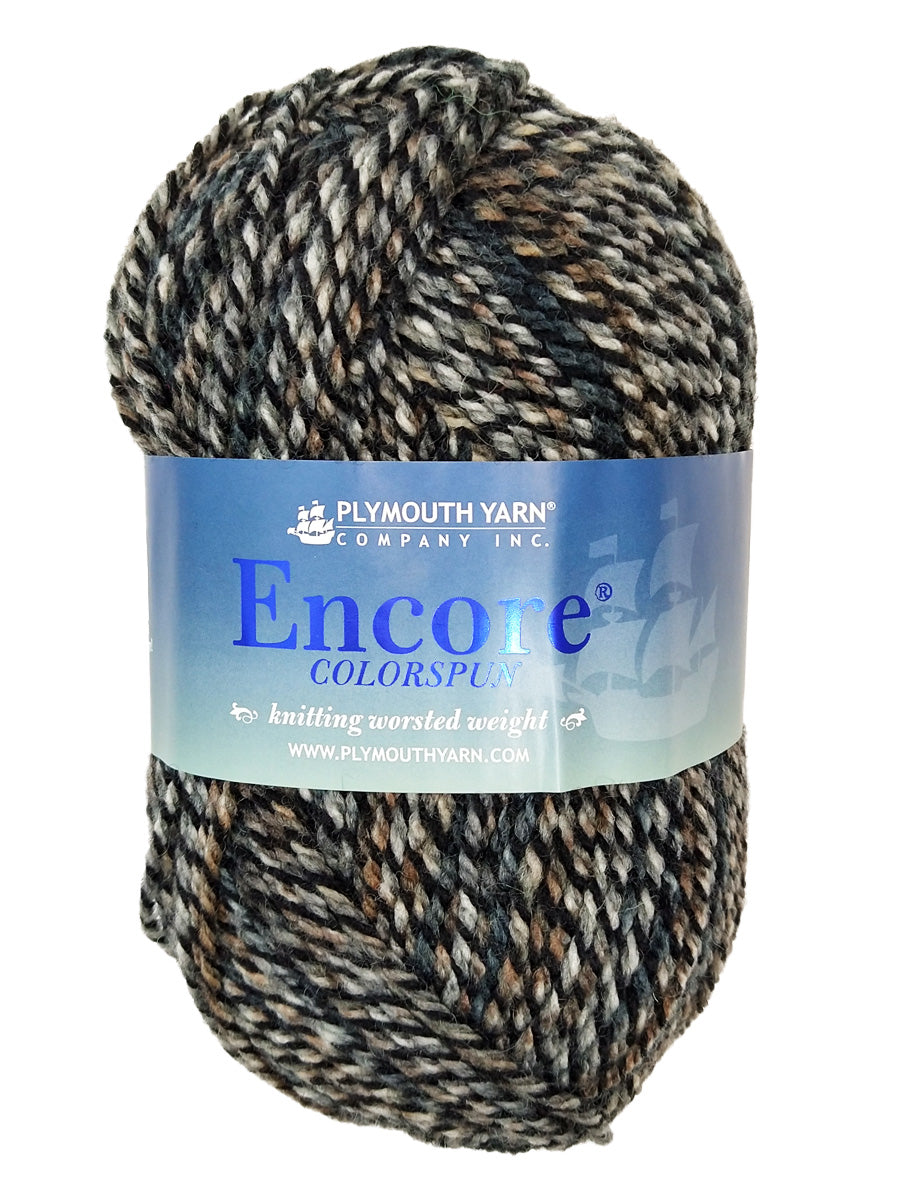 A black blue brown mix skein skein of Plymouth Encore Colorspun yarn