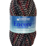 A blak red blue taupe mix skein of Plymouth Encore Colorspun yarn