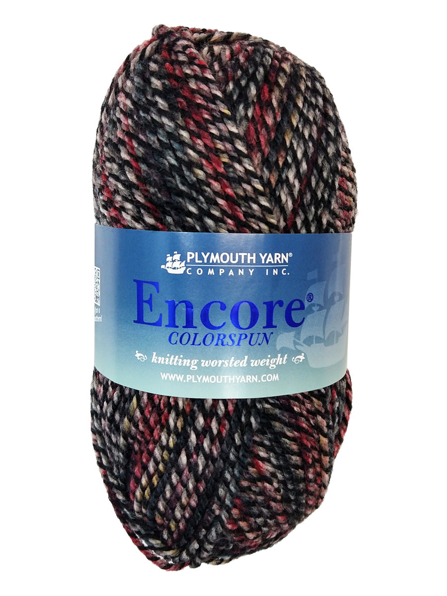 A blak red blue taupe mix skein of Plymouth Encore Colorspun yarn