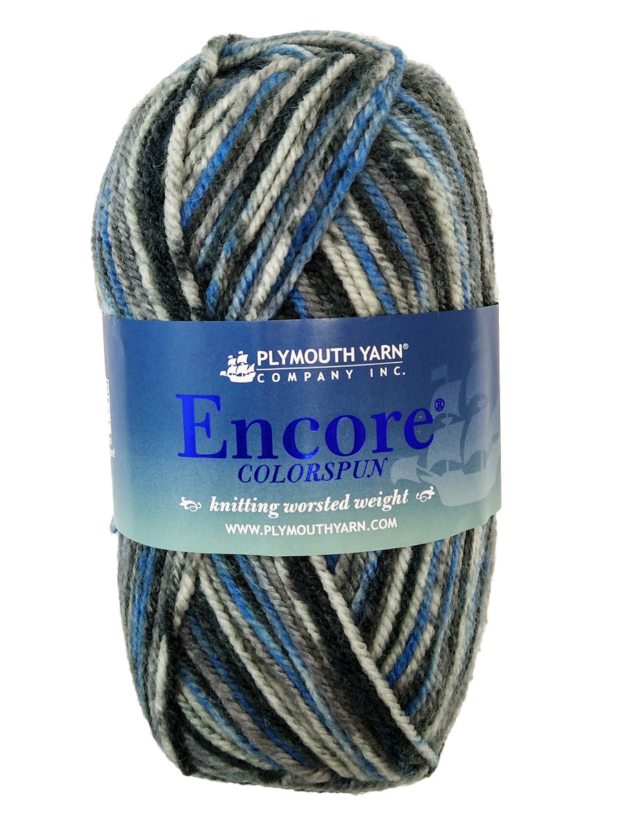 A blue taupe grey mix skein of Plymouth Encore Colorspun yarn