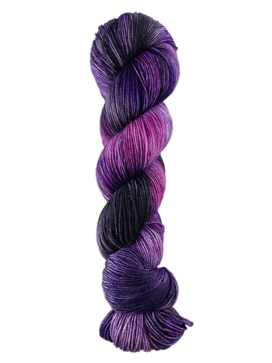 A skein of Western Sky Knits Aspen Sock yarn in Velvet