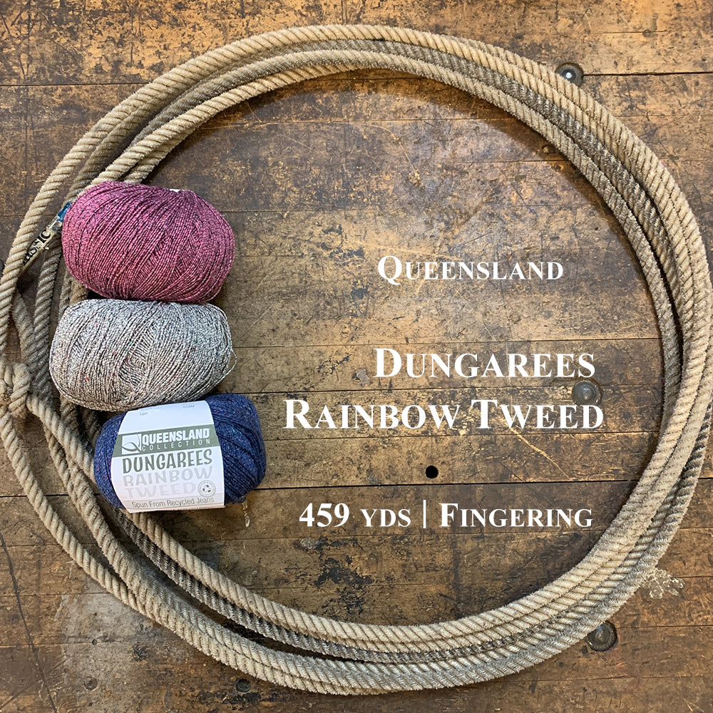 A photo of three balls of Dungarees yarn in a lasso on a wooden surface