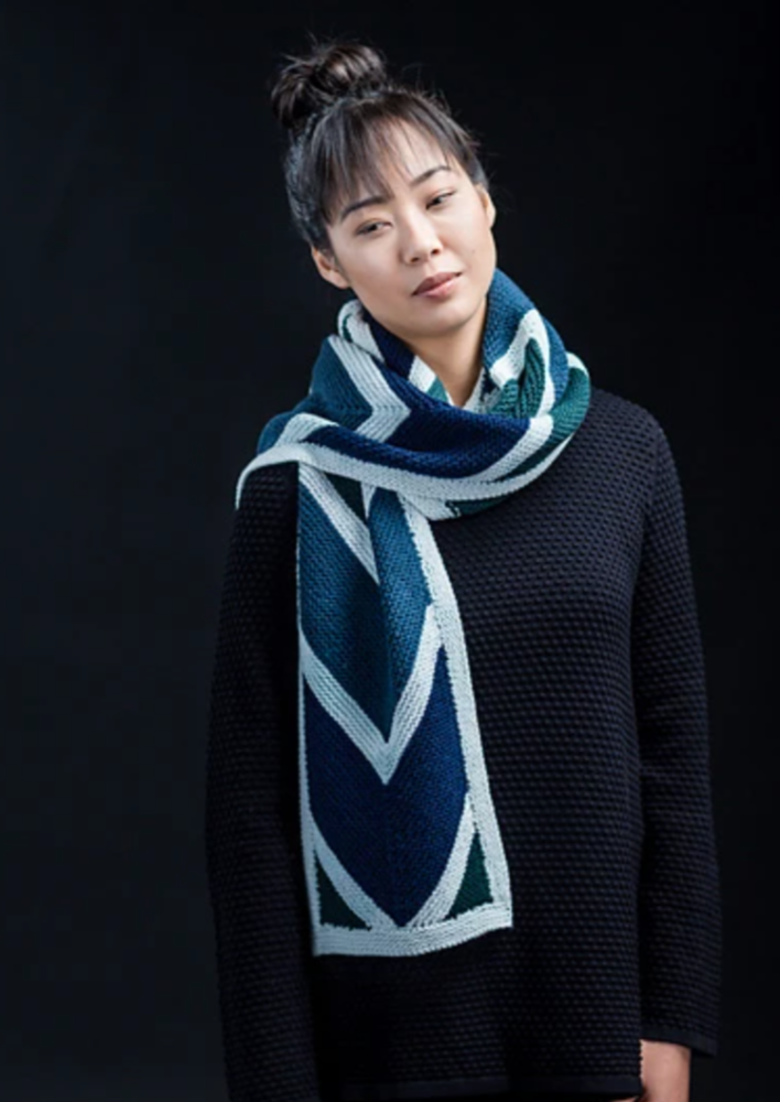 A woman wearing a knitted scarf