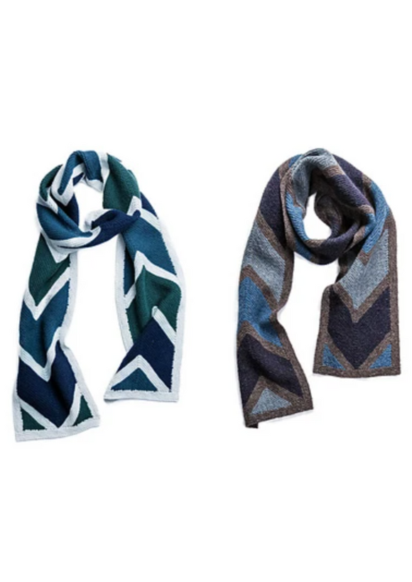 Two knitted scarves on a white background