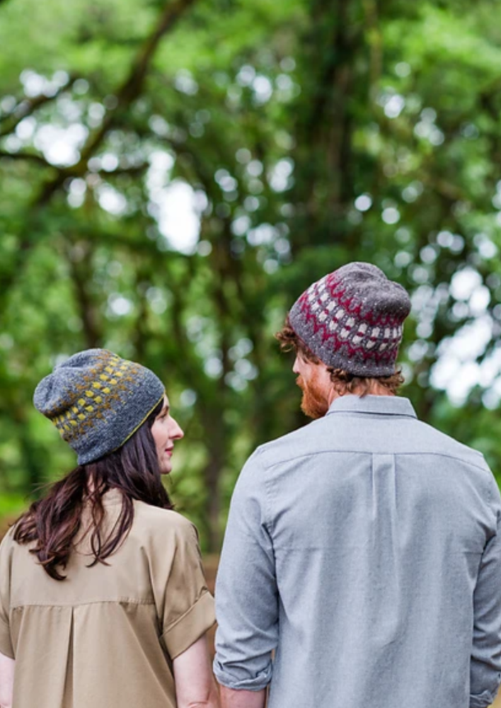 A man and woman wearing knitted hats
