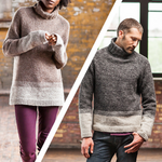 A woman and a man both wearing the same knitted turtleneck sweater