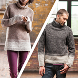 A woman and a man both wearing the same knitted turtleneck sweater