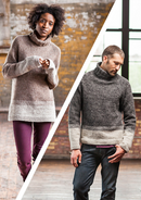 A woman and a man both wearing the same knitted turtleneck sweater
