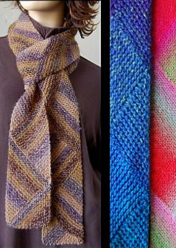 A woman wearing a multicolored scarf