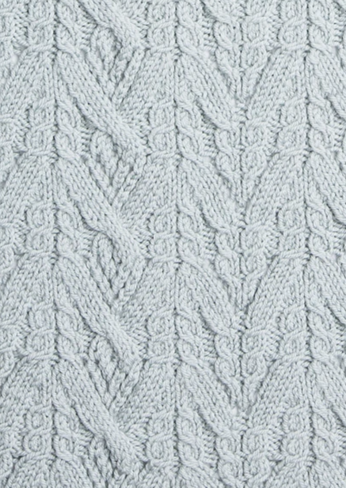 A close up of a knitted cabled shawl