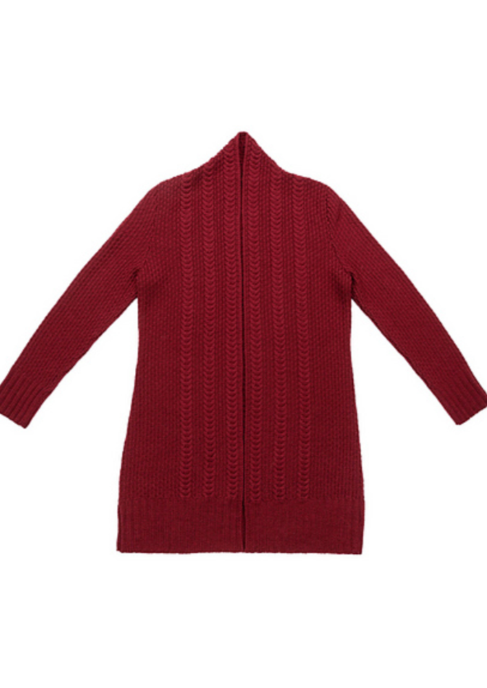A knitted cardigan sweater on a white background
