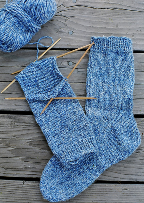 A pair of knitted socks on knitting needles