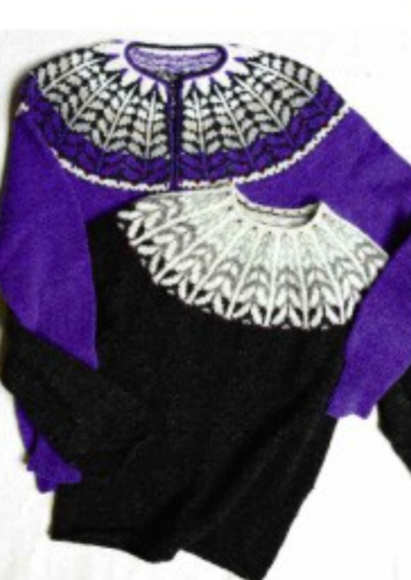 Two knitted, colorwork sweaters on a white background