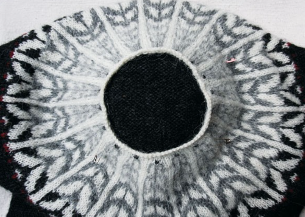 A close-up photo of a knitted, colorwork yoke
