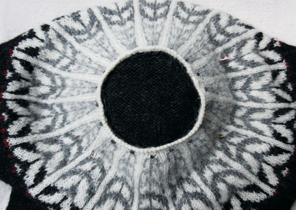 A close-up photo of a knitted, colorwork yoke