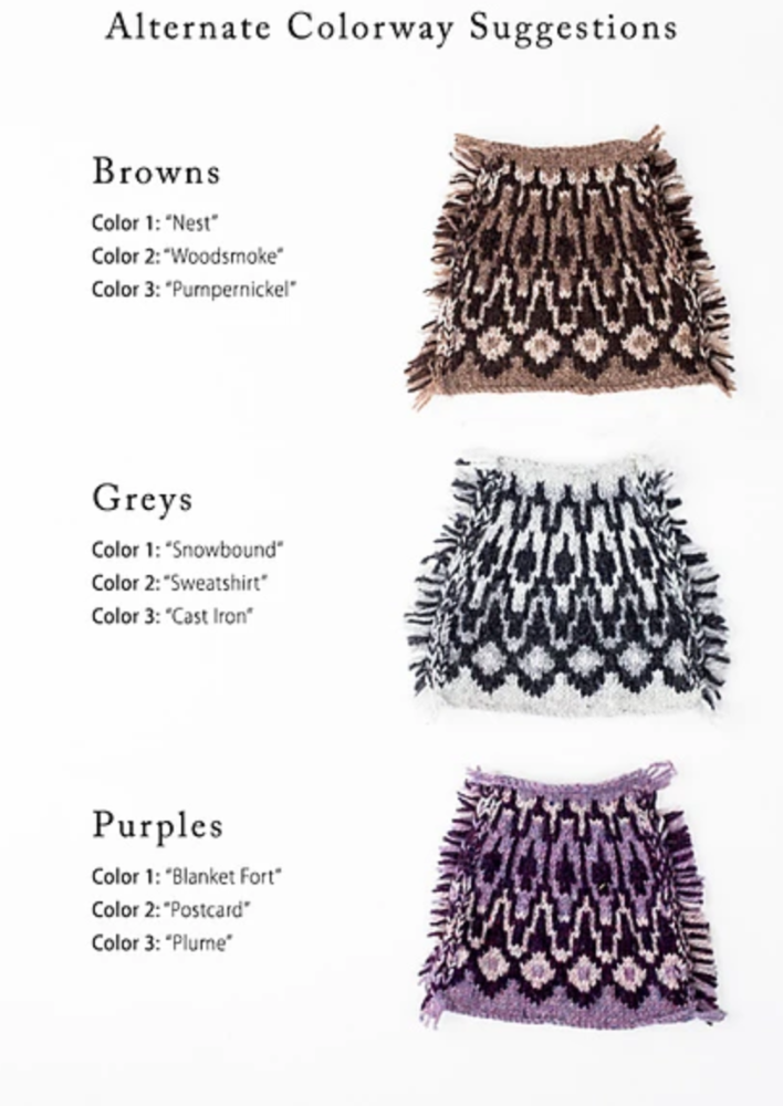 Three knitted swatches with color suggestions