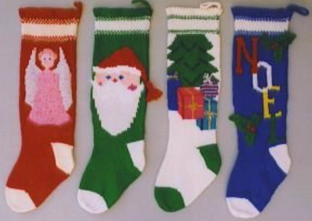 A row of four knitted stockings