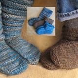A pair of feet wearing knitted slippers